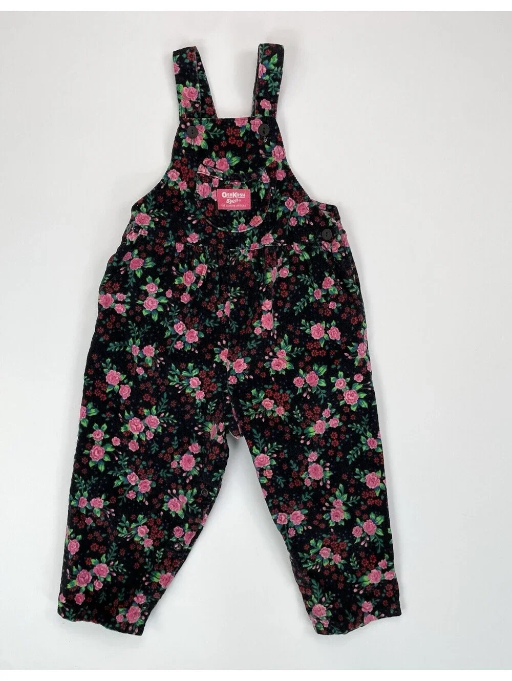 VTG OshKosh Bgosh Black Floral Corduroy Overalls 3T Vestbak USA Made